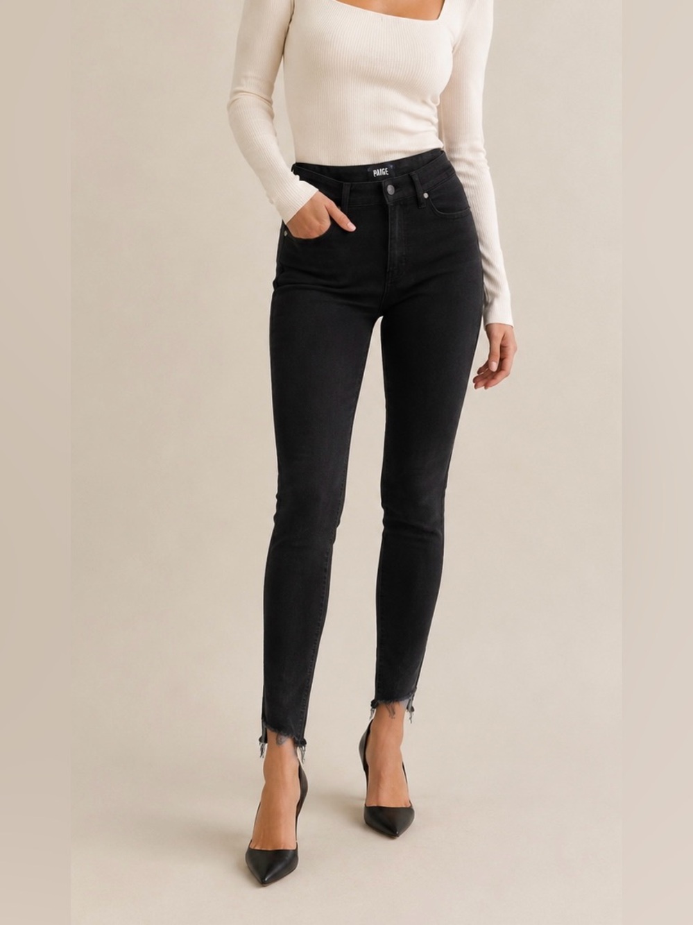 PAIGE Hoxton Ankle Black Raw Hem Skinny Jeans Size 27 Made in USA